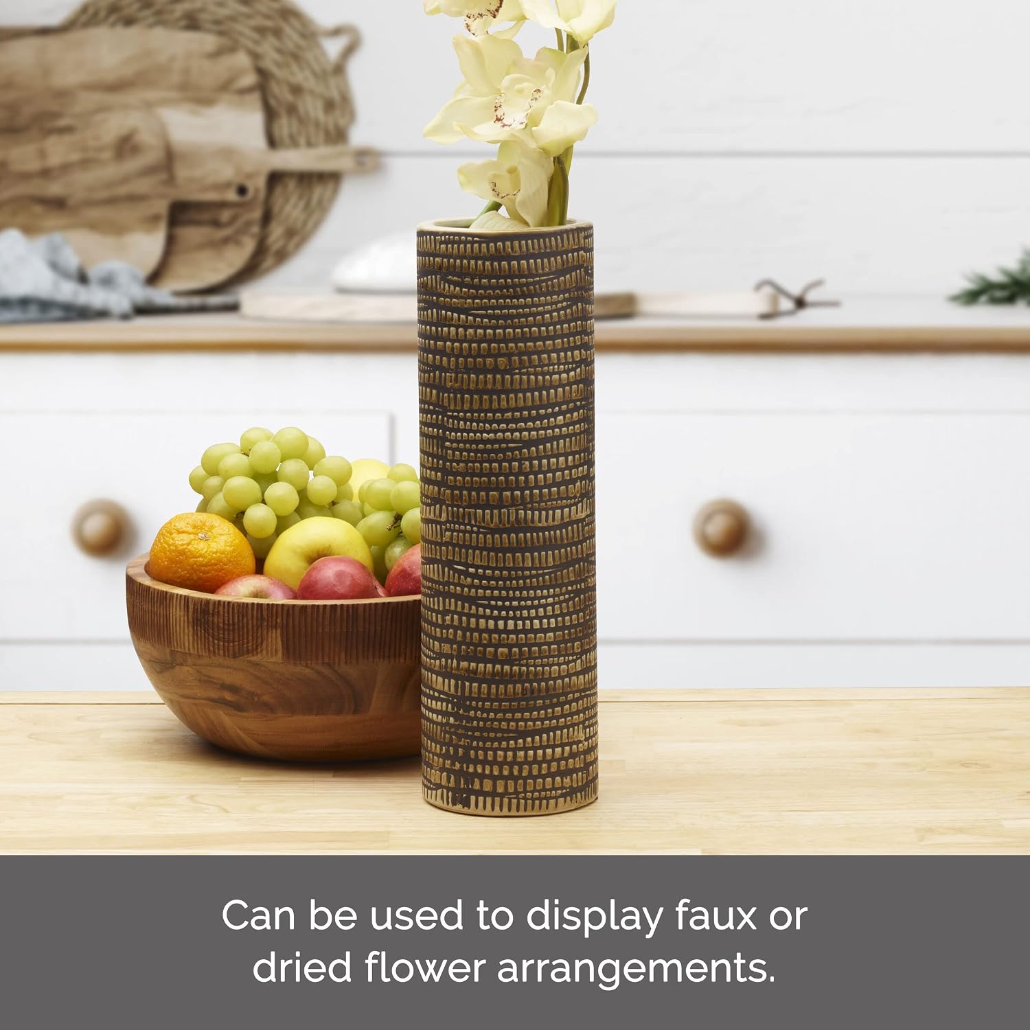 Elements 4.53x4.53x13.98 Inch Textured Ceramic Cylinder Vase, Black and White