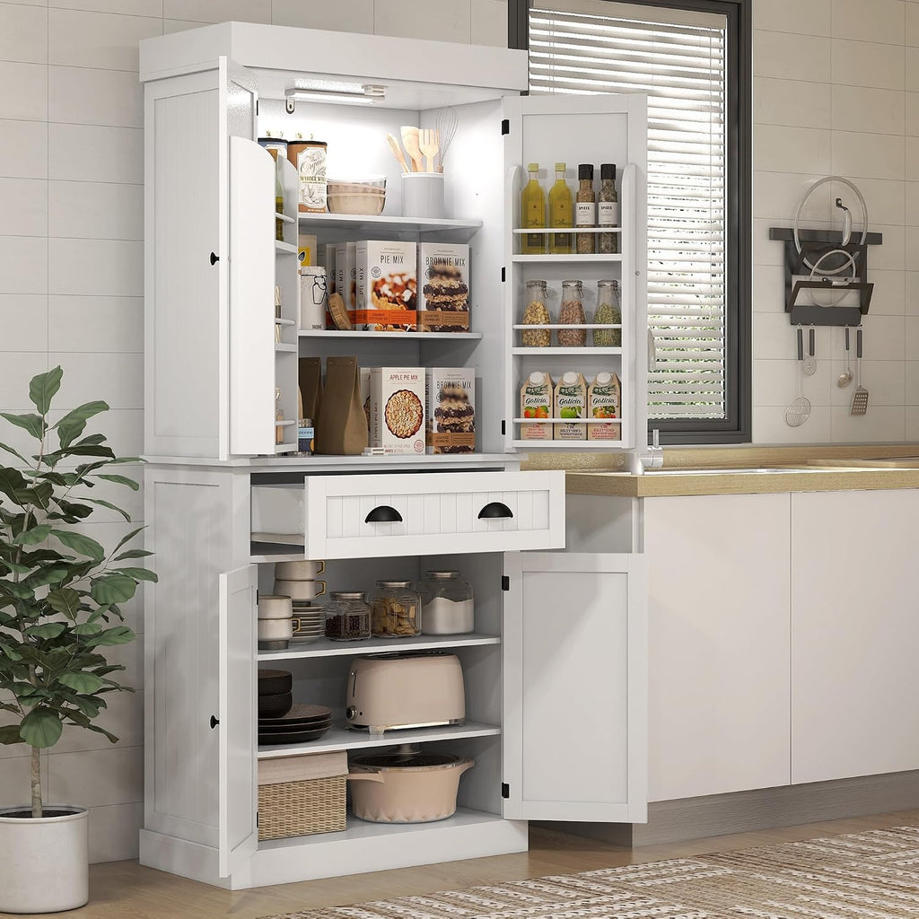 71" Freestanding Kitchen Pantry Cabinet with Motion Sensor Light,Storage Cabinet Organizer with Drawer & Adjustable Shelves,Utility Cupboard Large Hutch Cabinets,White