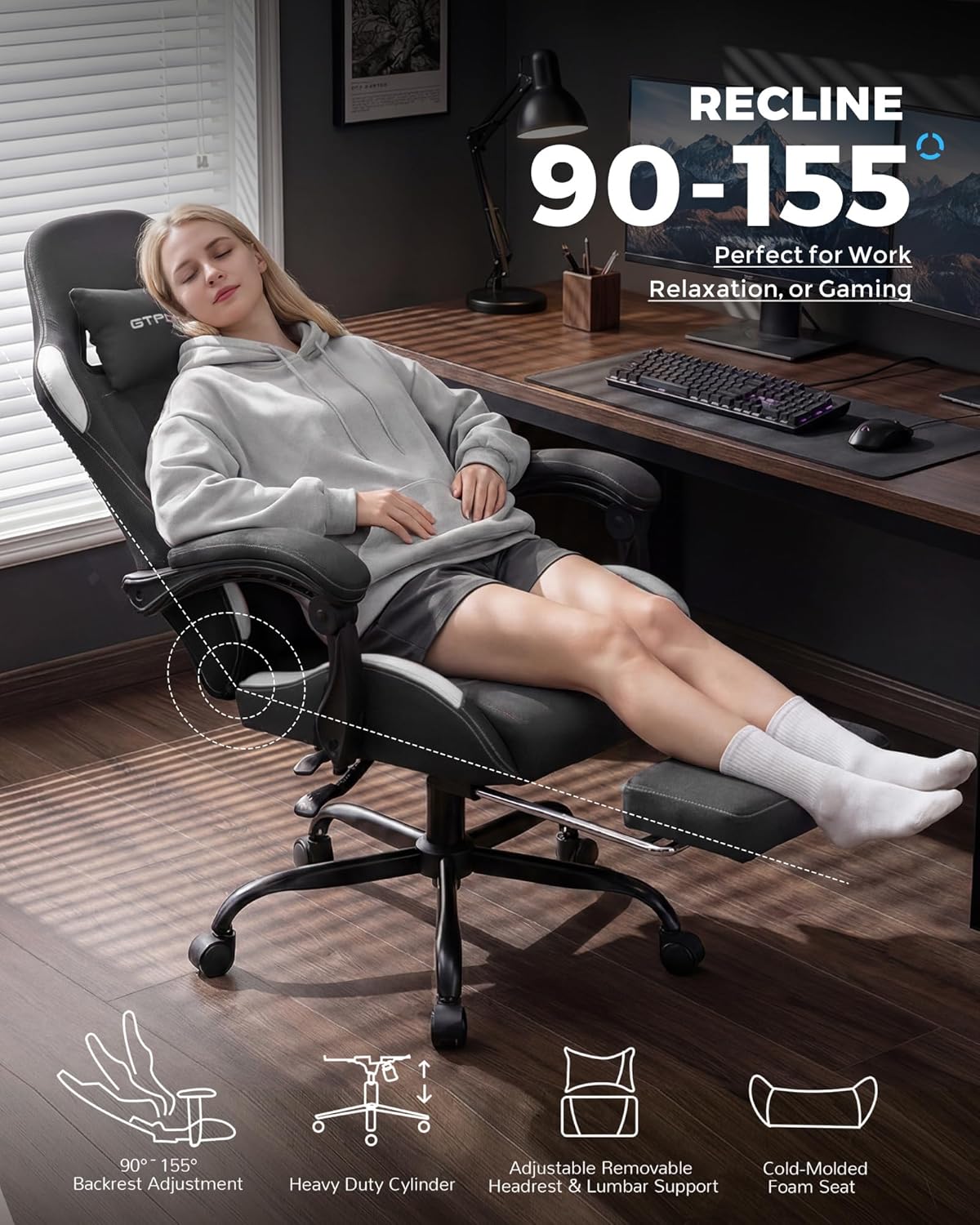 GTPLAYER Gaming Chair Fabric with Pocket Spring Cushion,Computer Office Chair with Lumbar Support for Adults Linkage Armrests and Footrest Ergonomic Gamings Chairs Height Adjustable Black
