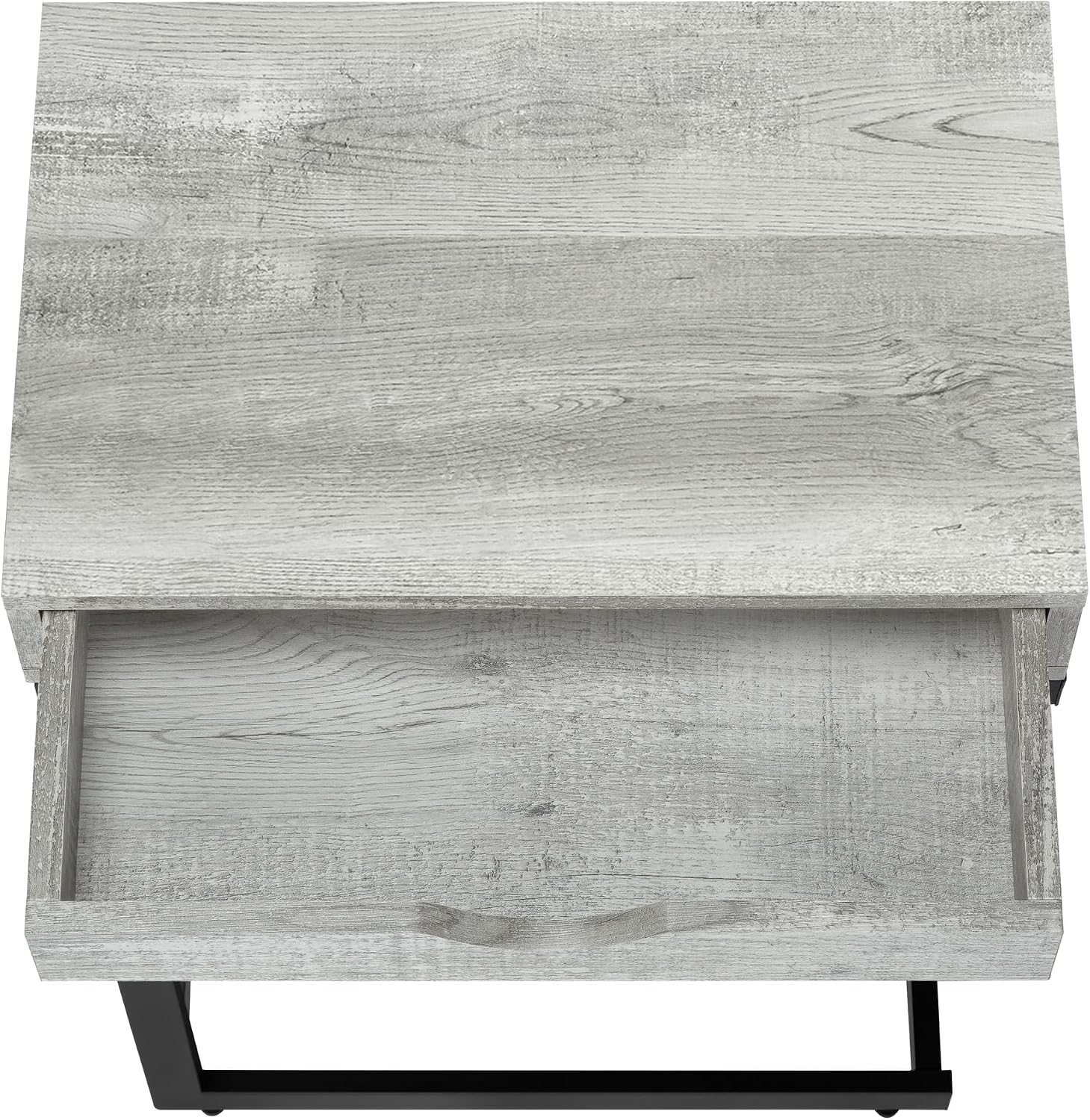Accent Table, C-Shaped, End, Side, Snack, Storage Drawer, Living Room, Bedroom, Grey Laminate, Black Metal, Contemporary, Modern