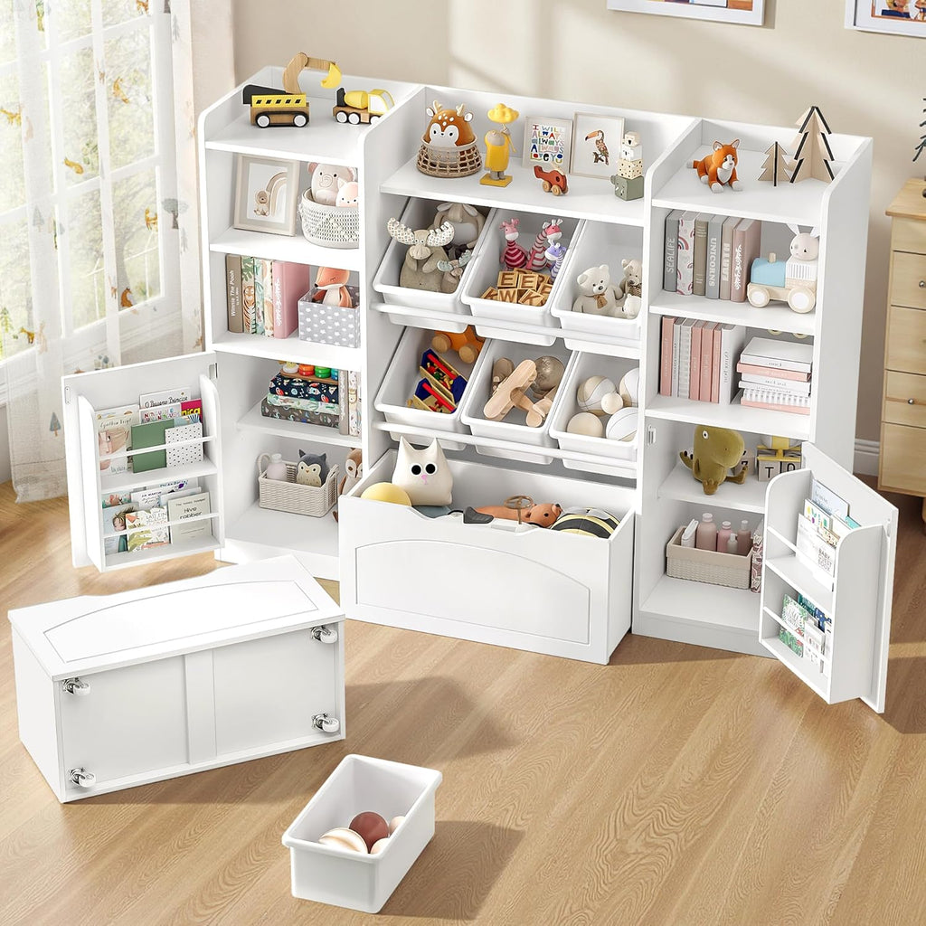 FINETONES 55” Toy Storage Organizer with 6 Toy Bins, 5-in-1 Large Kids Bookshelf with Movable Chests and 2-Tier Shelf Door, Toy Organizers and Storage Playroom Storage with Drawer, White
