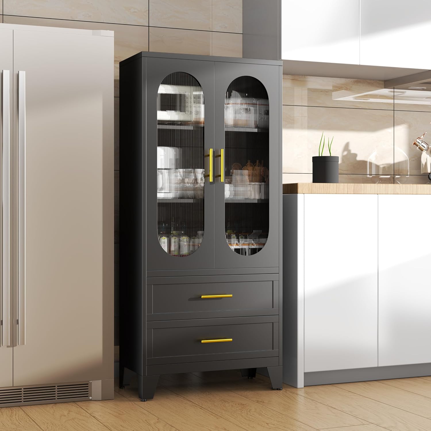 winiowa 61" Tall Kitchen Pantry Storage Cabinet, Black Metal Storage Cabinet with Adjustable Shelves & Glass Doors & Drawers, Food Pantry Cabinets for Kitchen, Bathroom, Dinning Room, Living Room