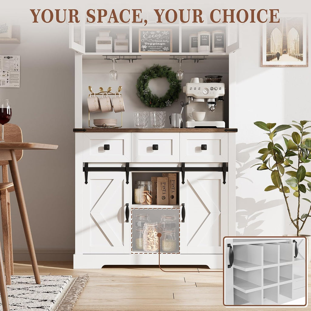 72" Kitchen Pantry Storage Cabinet with Hutch and Sliding Barn Door, Farmhouse Tall Buffet Cabinet with Drawers, Large Coffee Bar with Wine & Glasses Rack, for Home Living Room, White