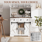 72" Kitchen Pantry Storage Cabinet with Hutch and Sliding Barn Door, Farmhouse Tall Buffet Cabinet with Drawers, Large Coffee Bar with Wine & Glasses Rack, for Home Living Room, White