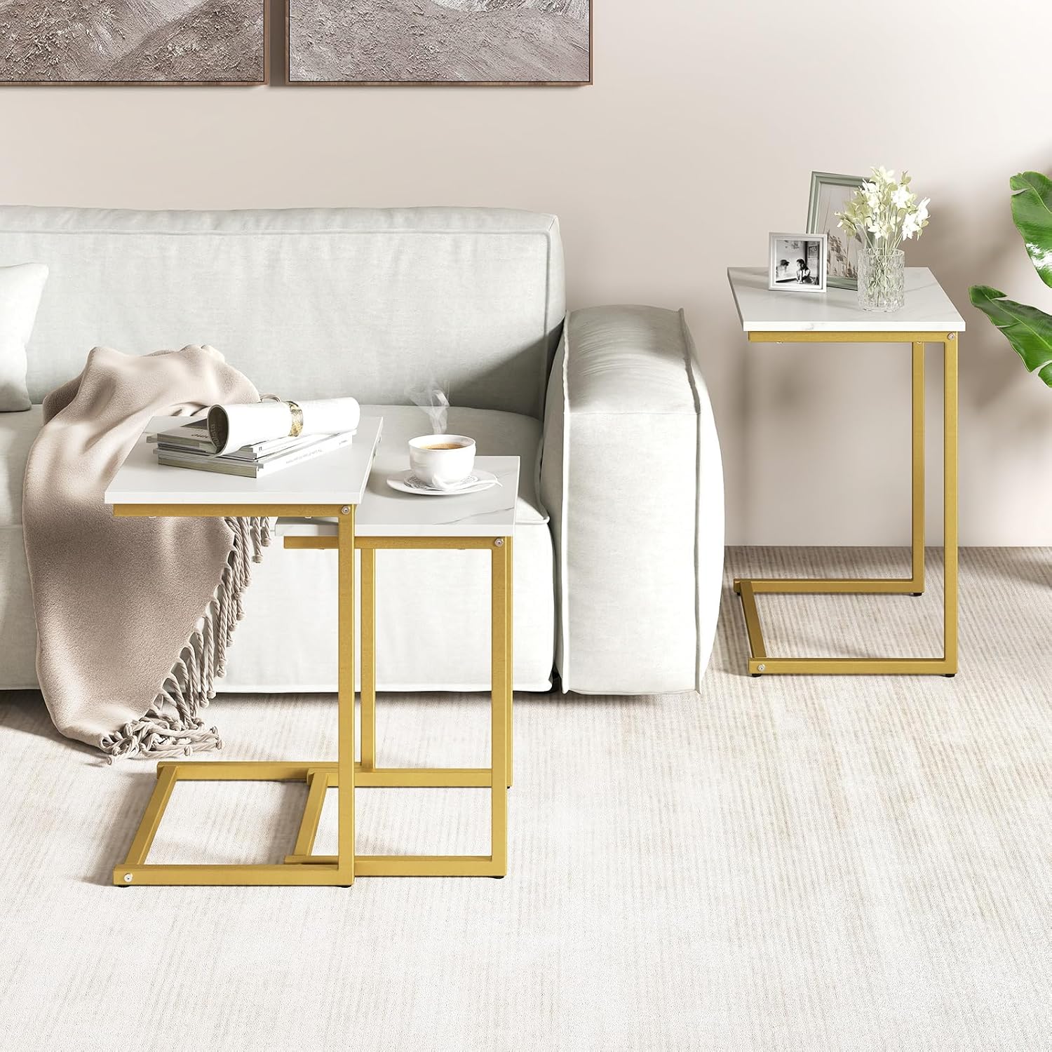 GOFLAME Nesting Coffee Tables Set of 3, Rectangular Nesting Center Table with Faux Marble Top & Metal Frame, Modern C-Shaped Nested Side Table Set for Living Room, Bedroom, Gold & White