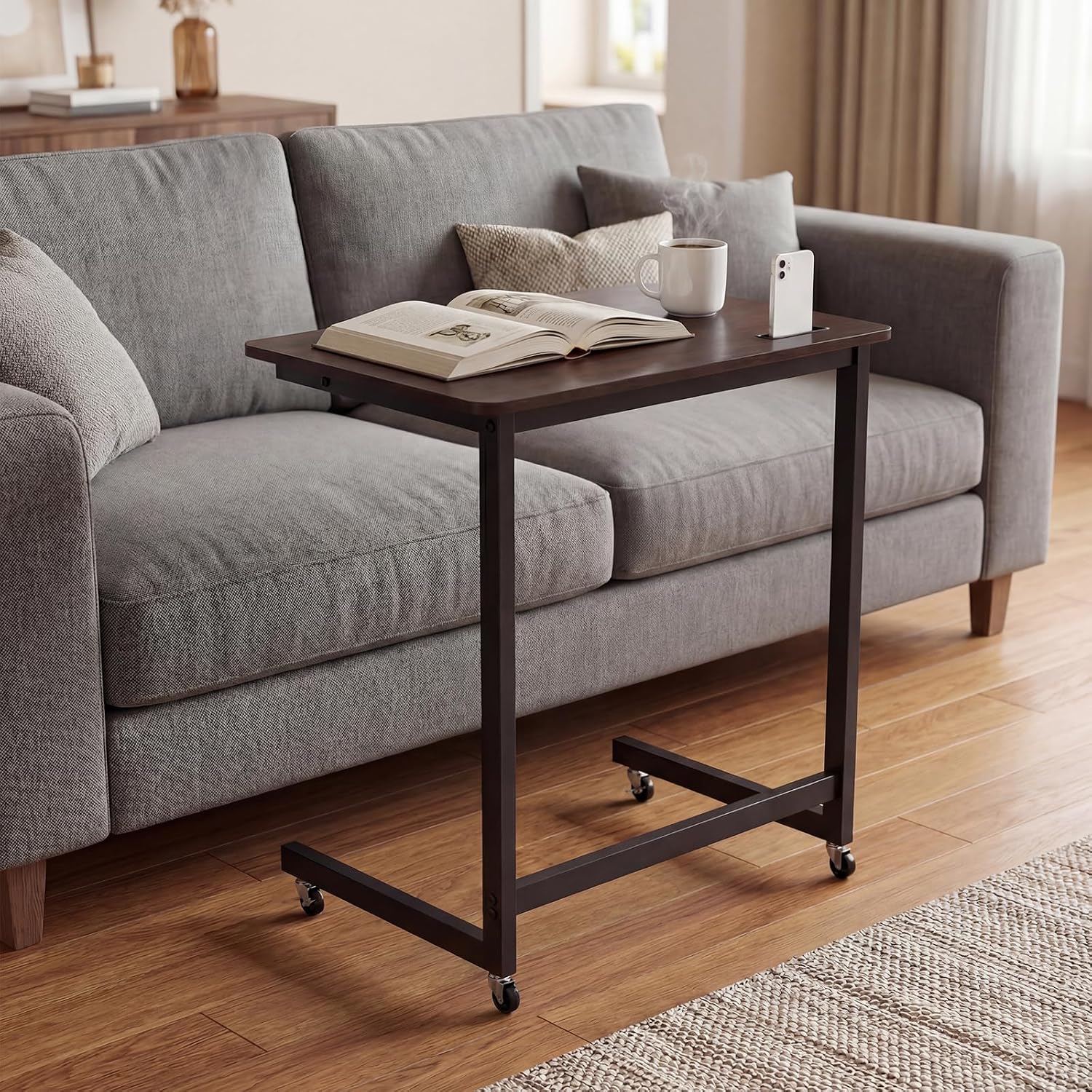 GOFLAME Rolling C Shaped End Table, Couch Sofa Side Table with Wheels, Phone Slot, Industrial TV Tray Bedside Tables, Compact Nightstand for Living Room, Bedroom, Home Office, Rustic Brown (1)