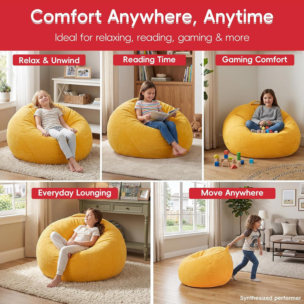 2.5FT Bean Bag Chair for Teens & Youth, Beanbag Chair with High-Density Foam Filling, Soft Chenille Boneless Reading Chair, Cozy Bean Bag for Bedroom, Reading & Dorm(Yellow, 31.5" W x 31.5" D x 20" H)