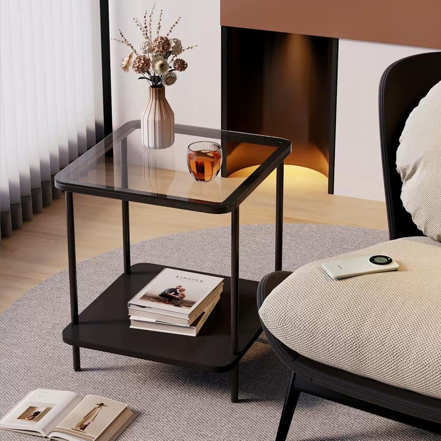 EASYSOUL Small Square Glass Coffee Tables for Living Room, 15.75 x 15.75 x 20.87 in, Side Table with 2 Drawers, Simple & Modern Nightstands for Small Space, Black End Tables (Black)