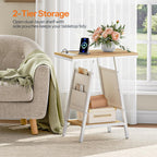 HOOBRO Side Table, Narrow End Table with 2-Tier Storage, Small Side Table with Charging Station, Fabric Pockets, Nightstand for Small Spaces, Living Room, Bedroom, White and Natural WN426UBZ01