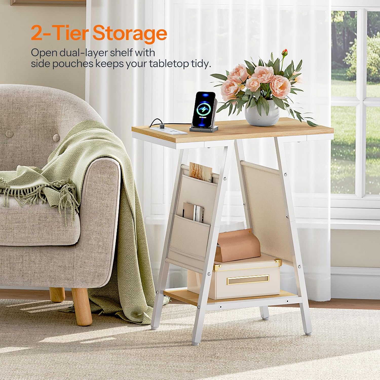 HOOBRO Side Table, Narrow End Table with 2-Tier Storage, Small Side Table with Charging Station, Fabric Pockets, Nightstand for Small Spaces, Living Room, Bedroom, White and Natural WN426UBZ01