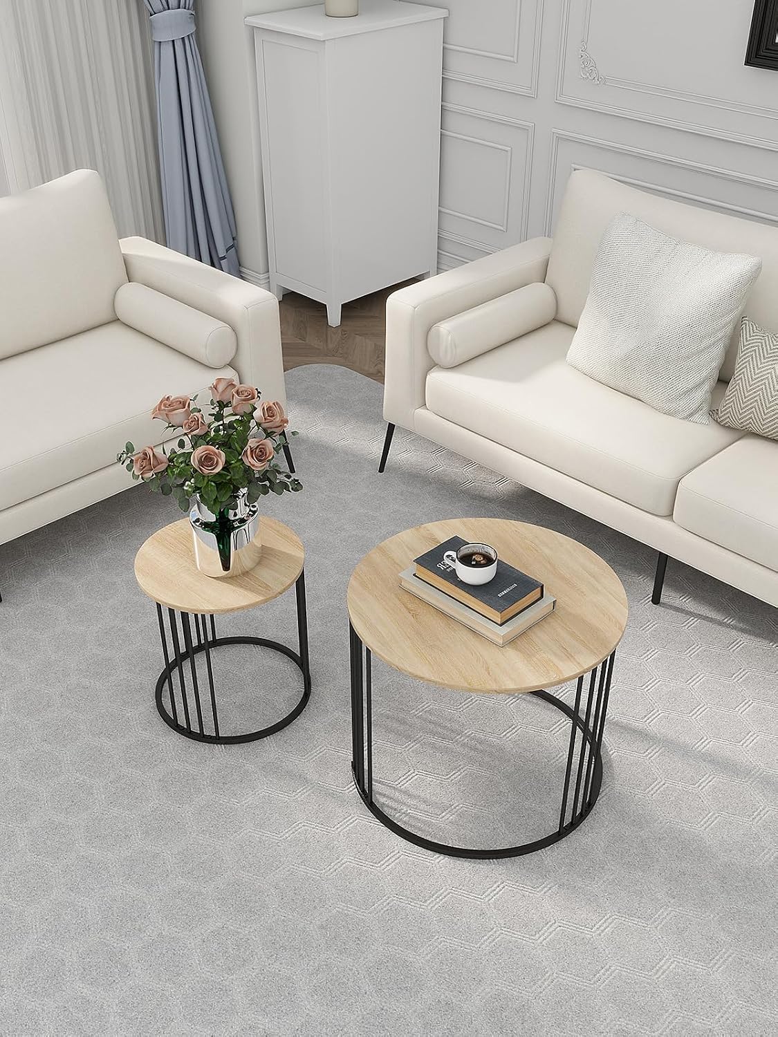 YORKING Nesting Coffee Table Set of 2, Round Table Set, Morden End Side Night Stand for Bedroom Dining Room （Wood）