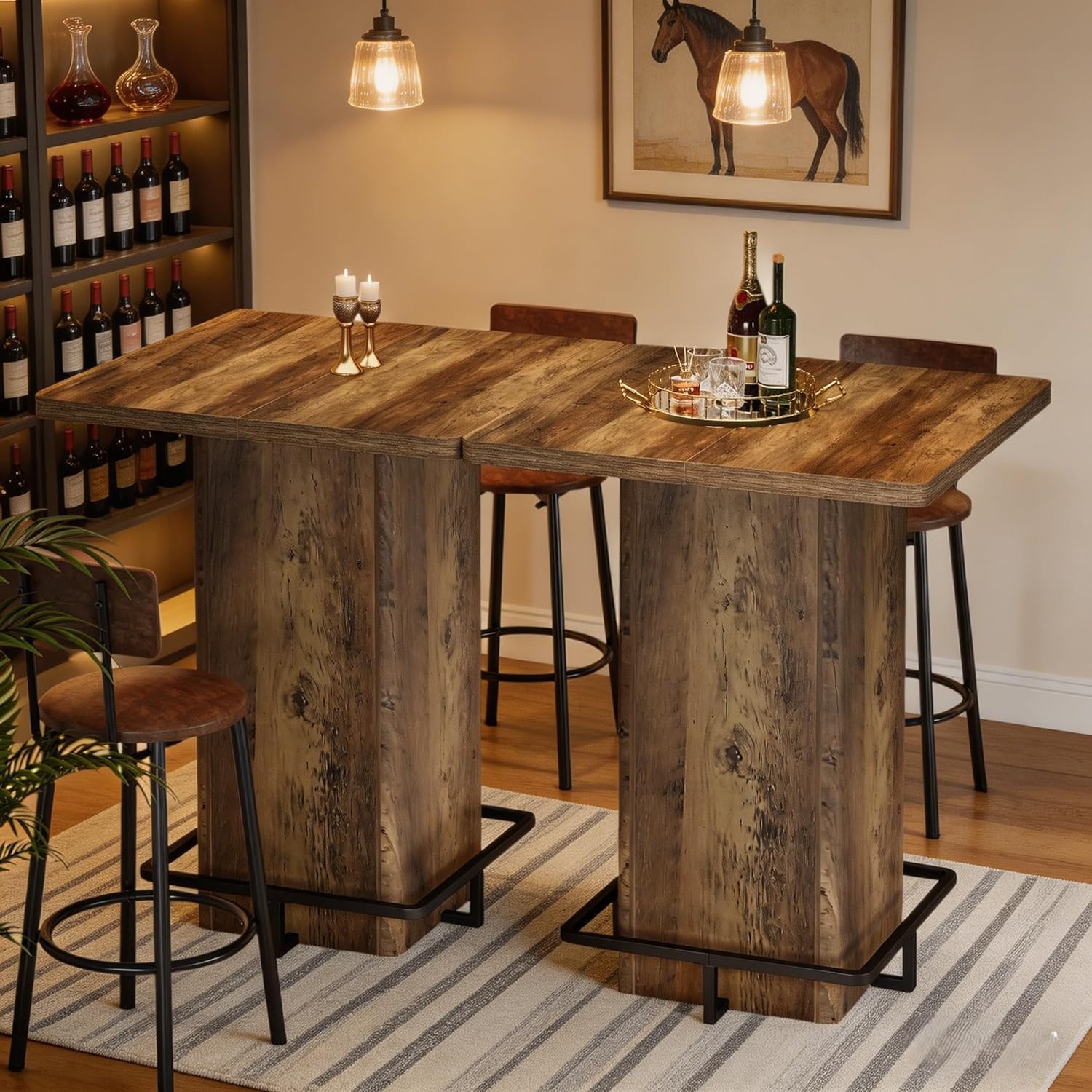 Tribesigns 39.37" Bar Height Table, Square Pub Table with Built-in Metal Footrest Ring, Sturdy Bistro Design for Kitchen, Home Bar, Small Space, Rustic Wood Grain