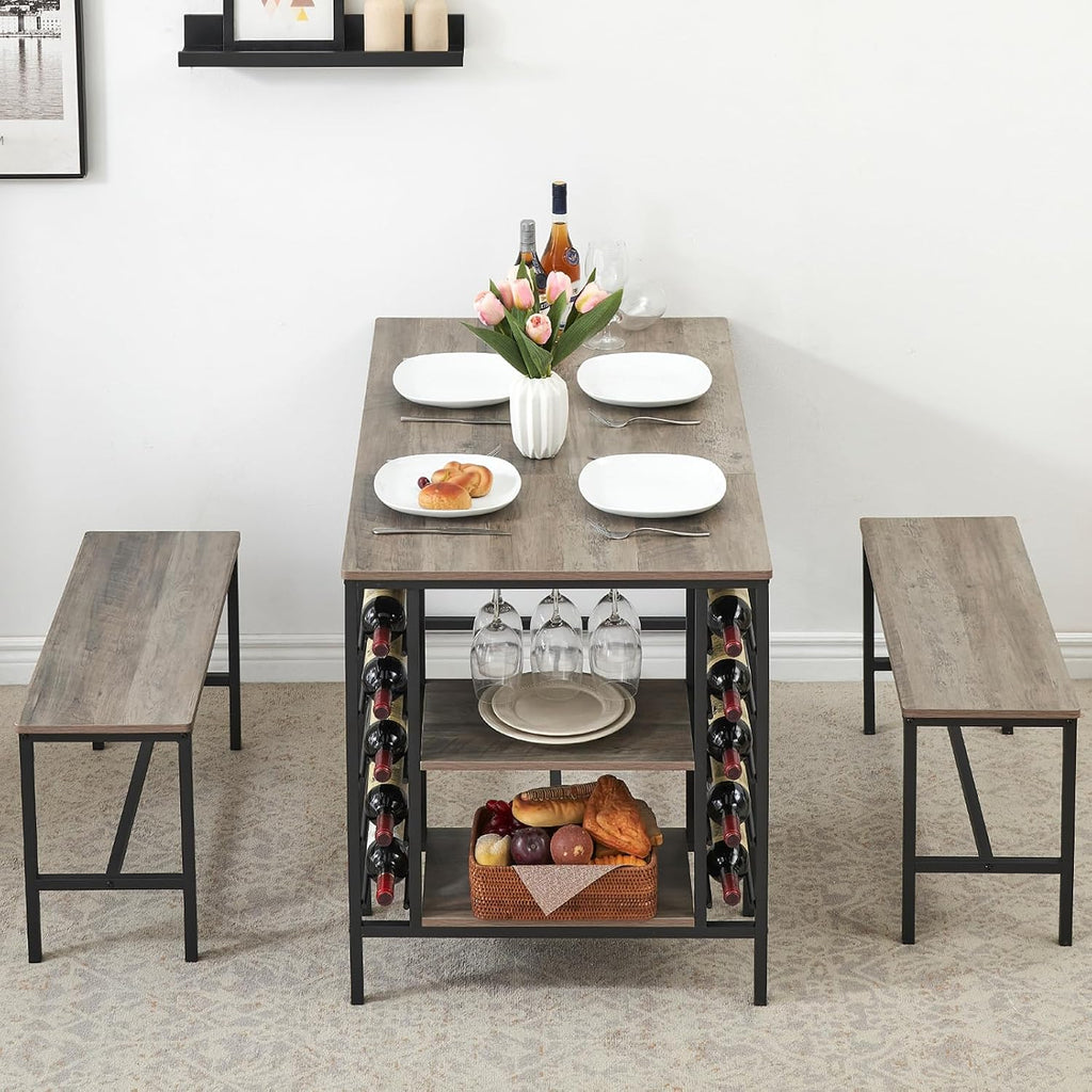 Garvee Dining Table Set for 4, Kitchen Table Set for 4 with 2 Benches, 3 Piece Dining Room Table Set for Small Space Apartment, Grey