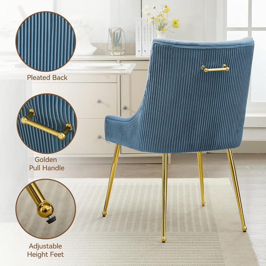 WUTUTUEE Velvet Dining Chairs Set of 2 Gold Legs,Upholstered Velvet Accent Chairs, Pleated Back Design & Gold Pull Handle, Mid Century Modern Chairs for Dining/Kitchen/Living Room,Light Blue