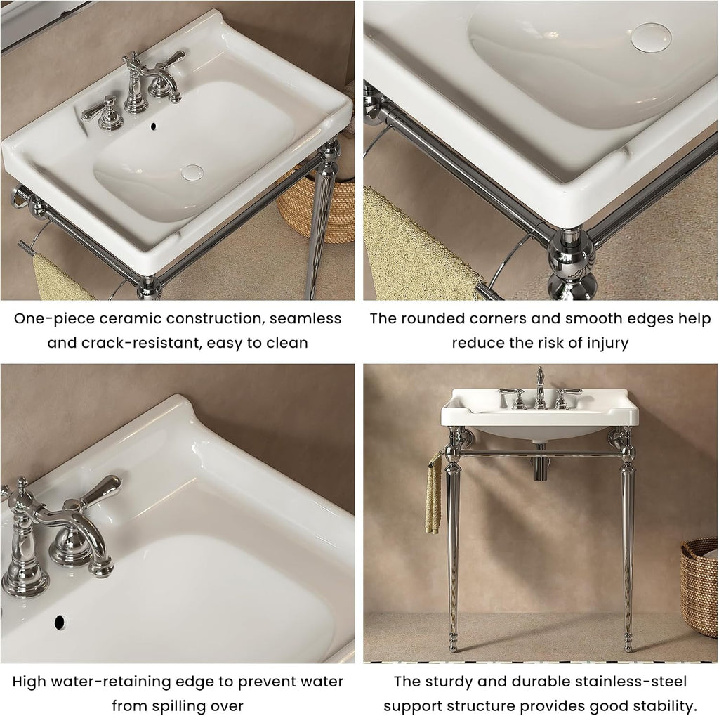 23" Wall Mounted Bathroom Console Sink,Ceramic Vanity Basin with 3 Pre-Drilled Faucet Holes, Freestanding Stainless Steel Legs & Towel Bar, No Faucet & Sink Cover,Chrome (Chrome, 23")