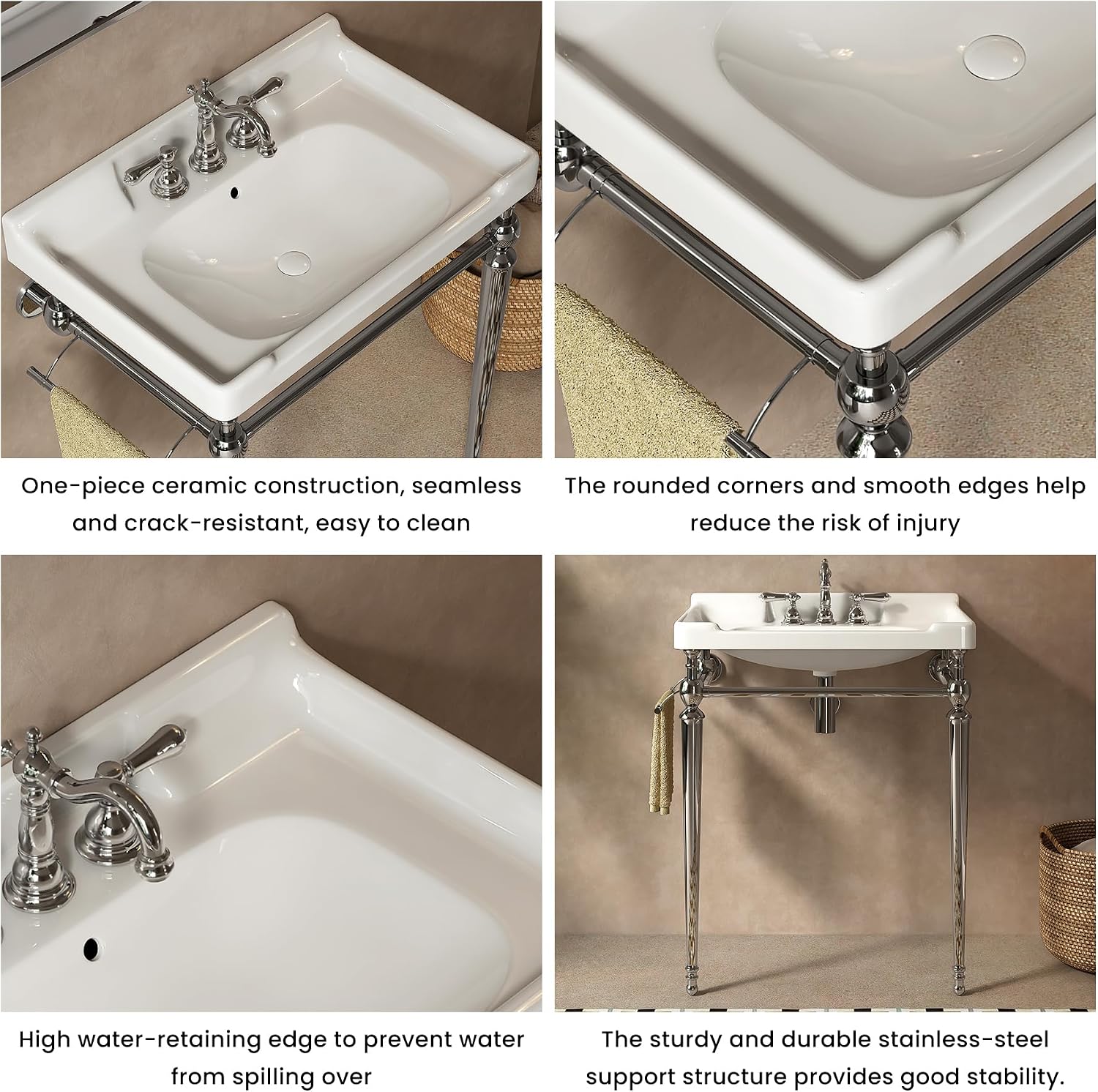 23" Wall Mounted Bathroom Console Sink,Ceramic Vanity Basin with 3 Pre-Drilled Faucet Holes, Freestanding Stainless Steel Legs & Towel Bar, No Faucet & Sink Cover,Chrome (Chrome, 23")