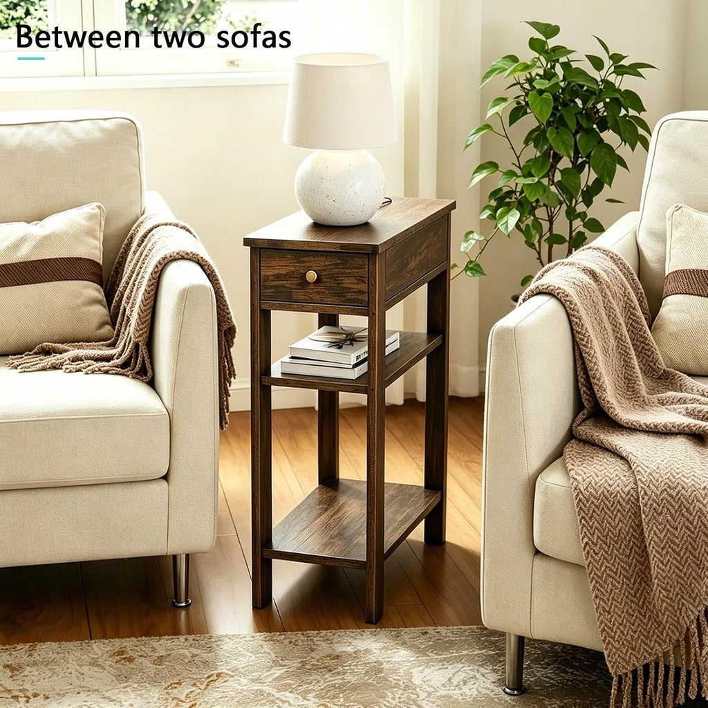 Solid Wood Narrow End Table with Drawer and 3-Tier Storage, Slim Nightstand for Small Spaces, Side Table with Shelves for Living Room, Bedroom, Easy Assembly Walnut 23.6X23.6X11in