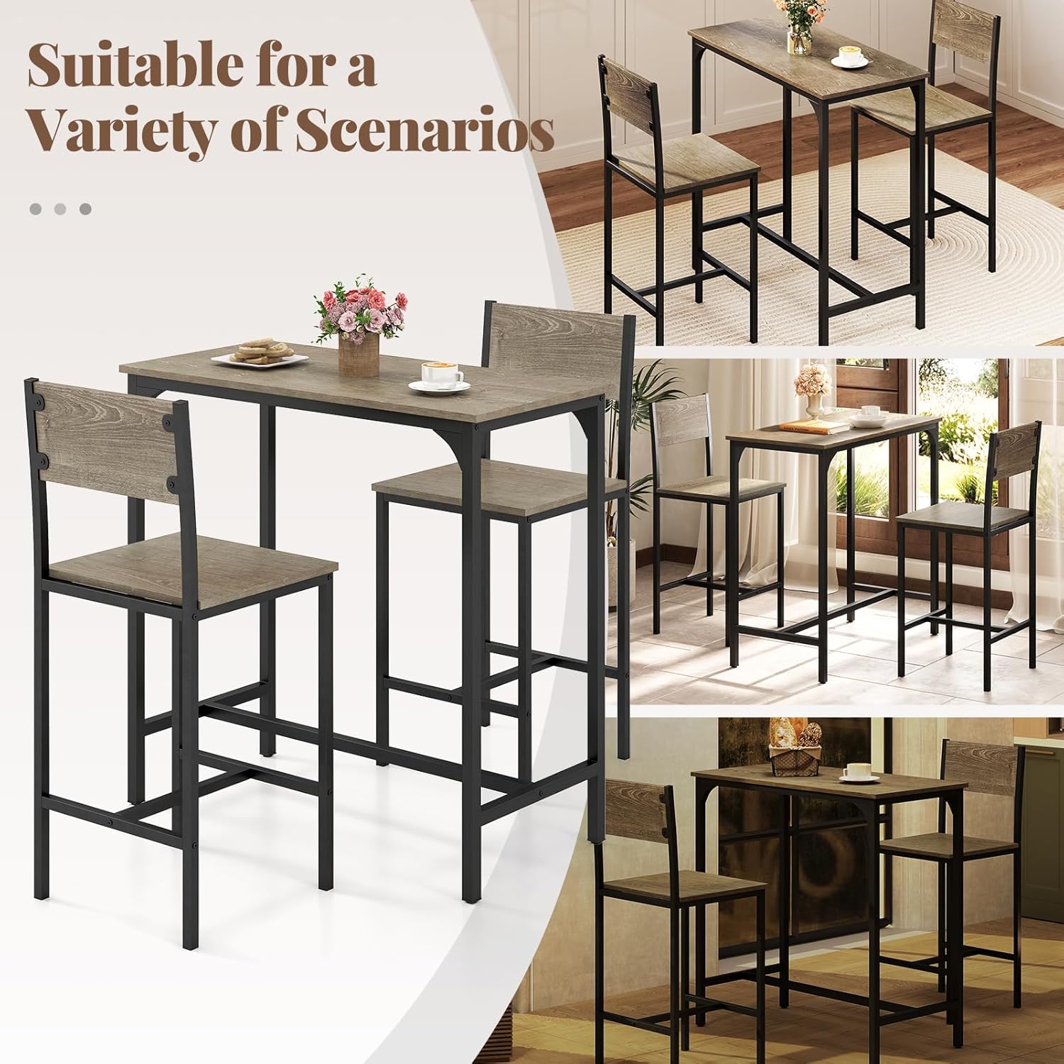 Tangkula 3 Piece Counter Height Bar Table Set, Pub Table and Chairs Set of 2, High Top Console Table with Stools for 2, Space-Saving Dinette Set for Breakfast Nook (Grey)