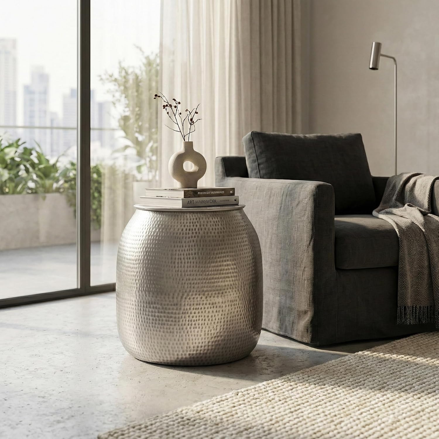 SIMPLIHOME Griffen Metal Storage Accent Table - 19 inch Wide Solid Metal Round Drum Side Table in Antique Nickel, Industrial End Table for Living Room with Hidden Storage Space, Assembled