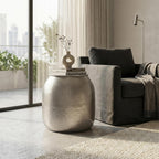 SIMPLIHOME Griffen Metal Storage Accent Table - 19 inch Wide Solid Metal Round Drum Side Table in Antique Nickel, Industrial End Table for Living Room with Hidden Storage Space, Assembled