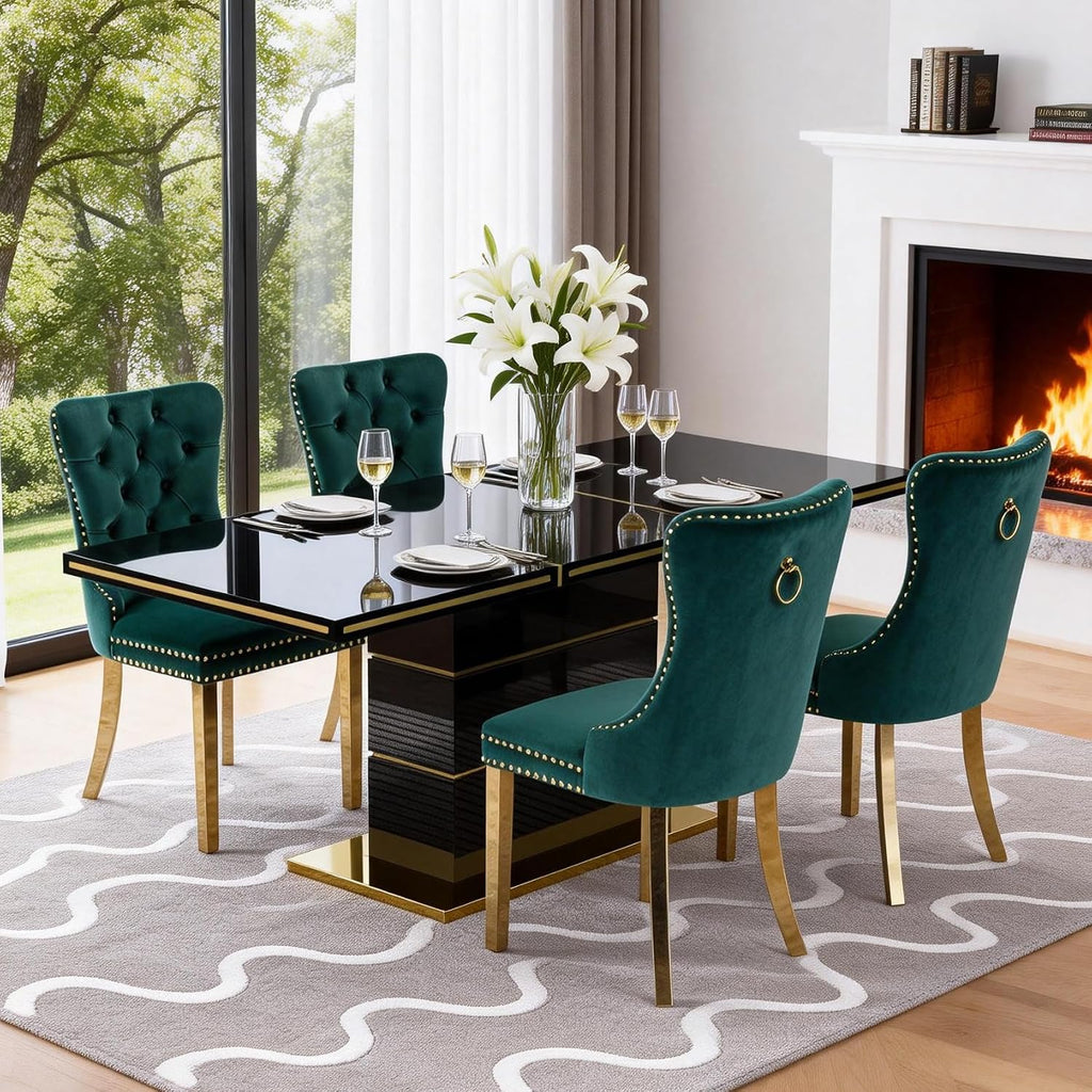 Luxury 70" Black High Gloss Rectangular Dining Table with 1.5" Thick Tabletop, Gold Accent Trims & Sturdy Pedestal Base, Elegant Modern Dining Table for 4-6 People, Kitchen & Dining Room Furniture