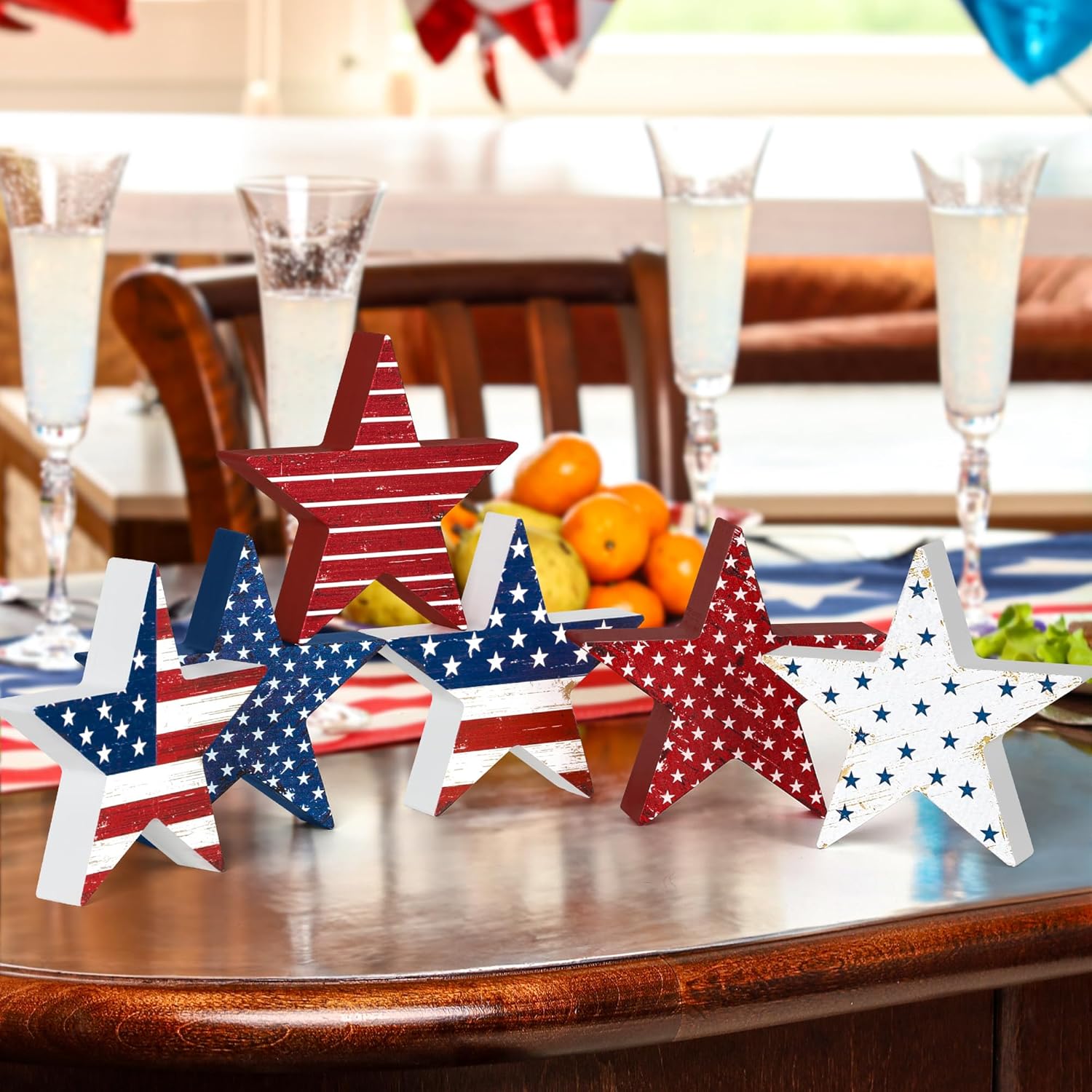 6 PCS 4th of July Wooden Signs, Red White Blue 4th of July Decorations, Star-Shaped 250th Anniversary Patriotic Decor, Independence Day Wood Centerpieces for Tables Shelf Tray Memorial Veterans Day