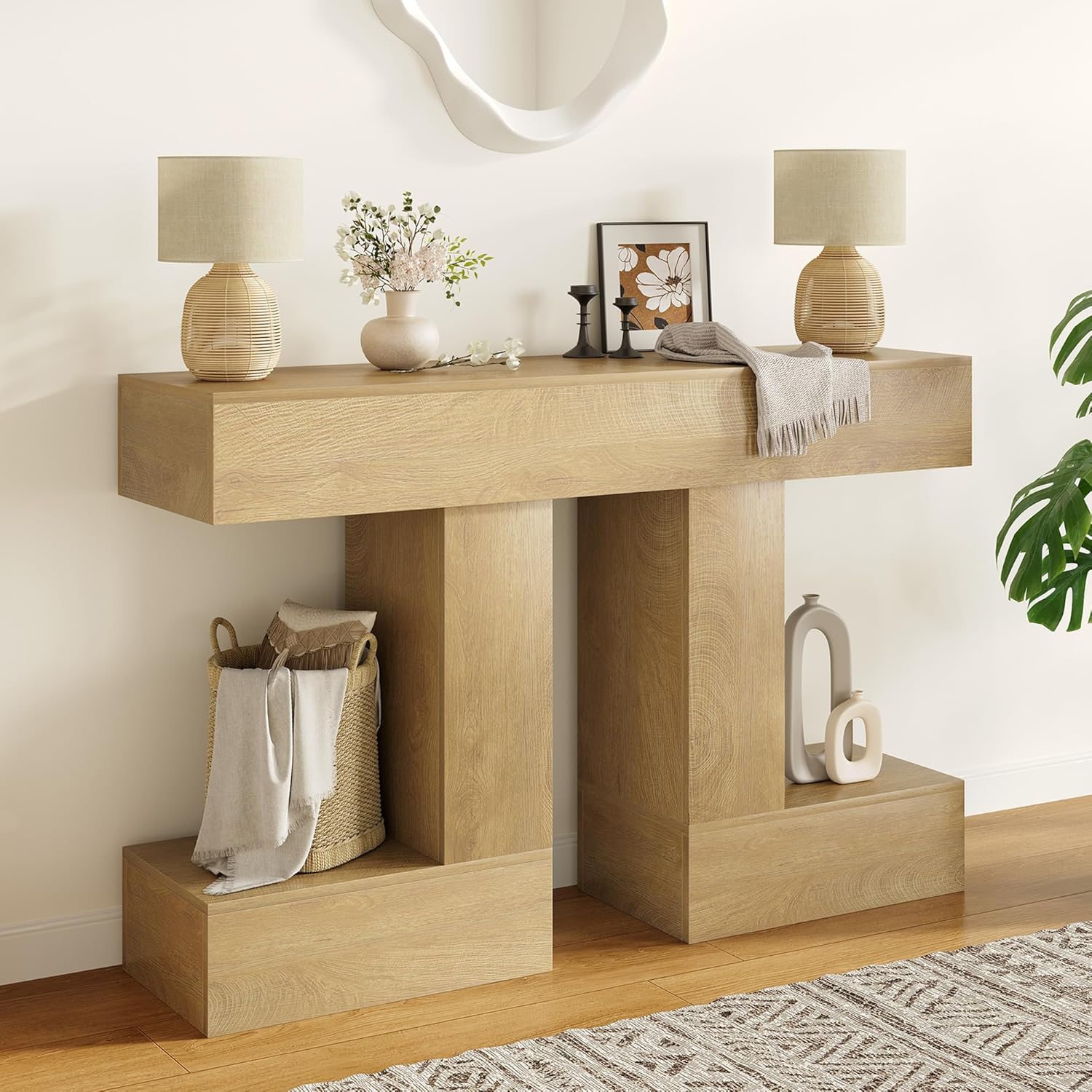 47.24-Inch Console Table, Farmhouse Sofa Table Behind Couch with Storage, Industrial Entryway Table for Living Room, Hallway, Entrance & Foyer, Natural Wood Finish
