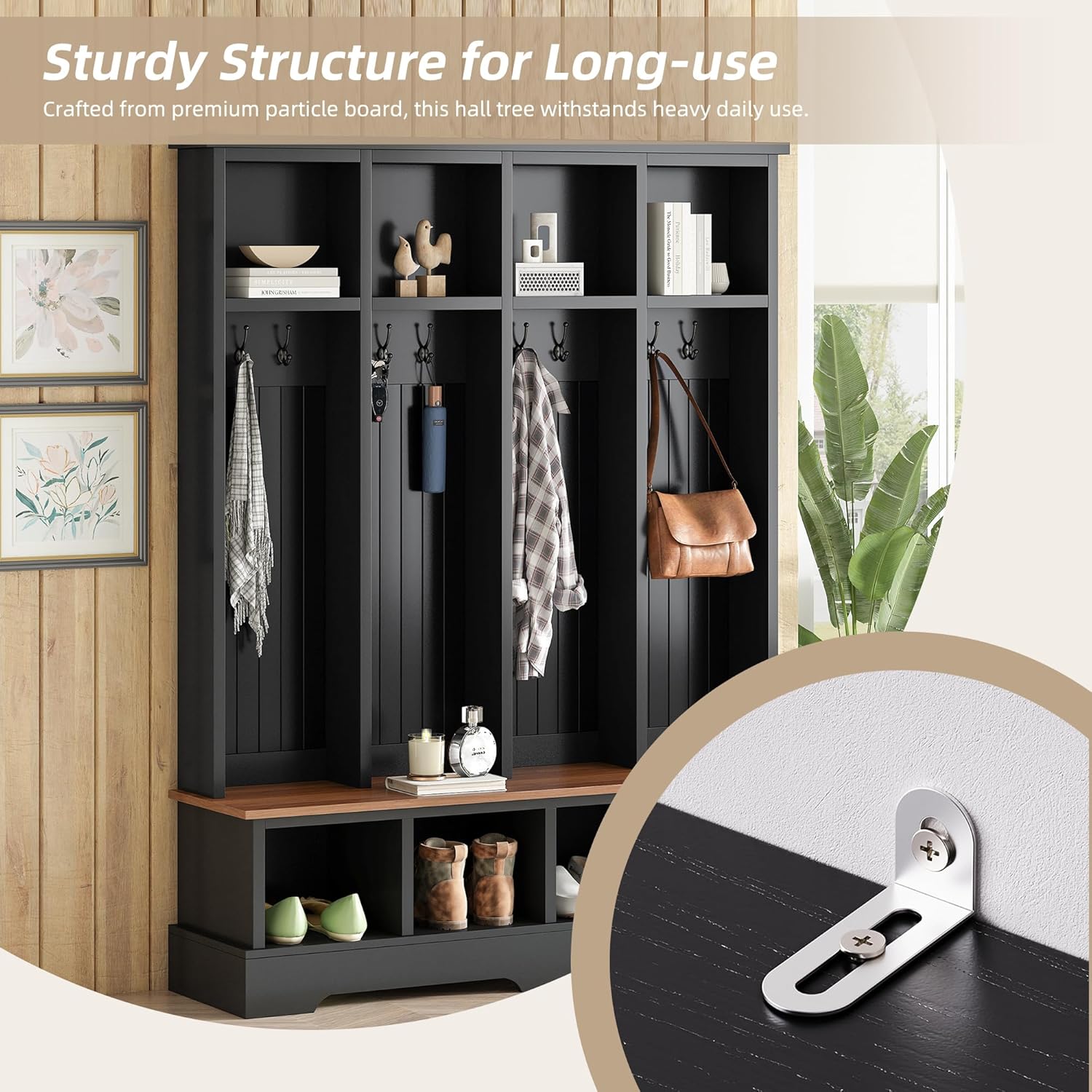 SOFTSEA 59 Inch Wide Hall Tree with Storage Bench, Farmhouse Entryway Bench with 8 Hooks and Storage Shelves, Modern Coat Rack with Shoe Cabinets for Mudroom, Living Room, Black