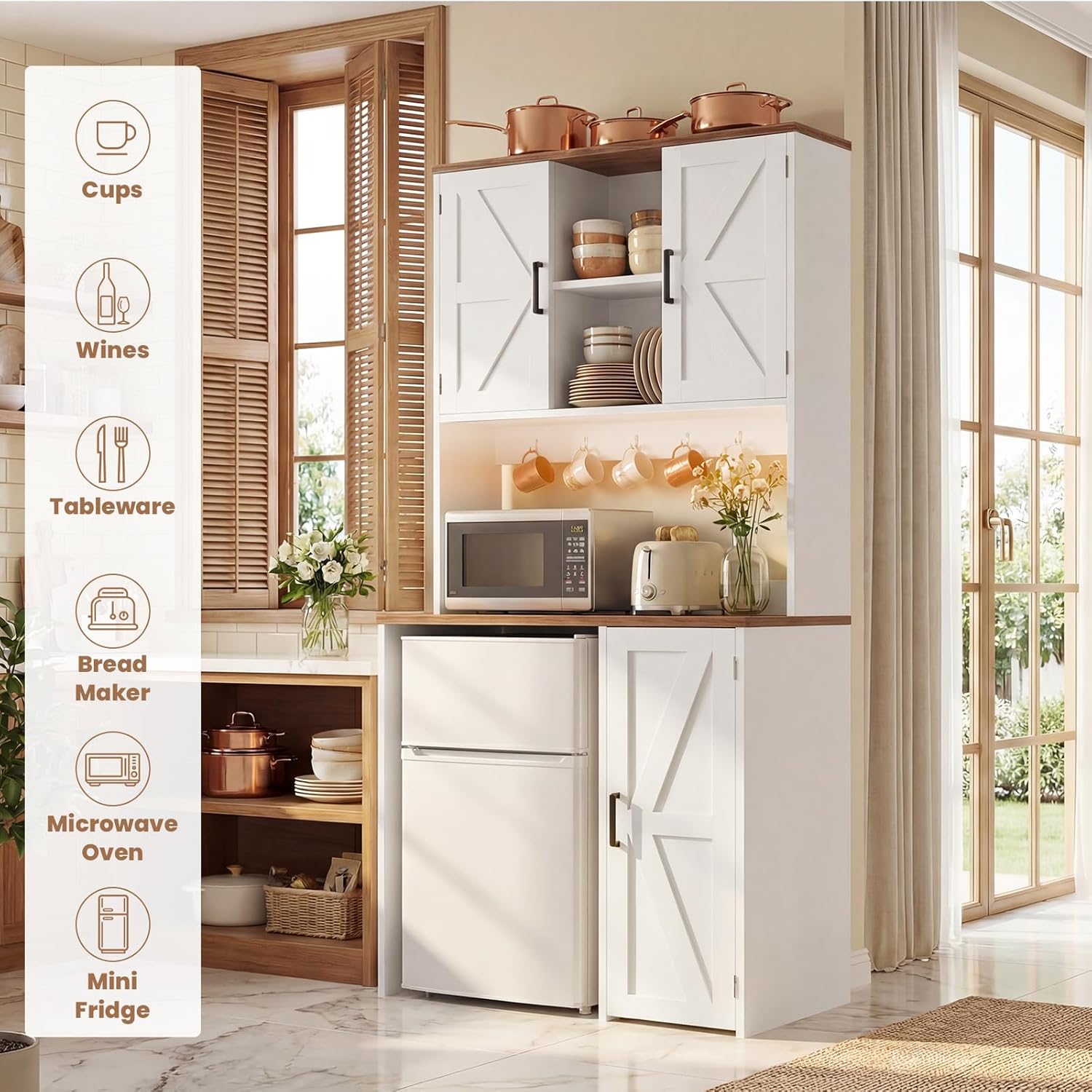 Unikito Mini Fridge Cabinet with Storage, Coffee Bar Cabinet with Outlet & Led Light, Liquor Wine Bar Stand with Mini Fridge Space & Microwave Shelf, Beverage Station for Kitchen Dorm Office, White