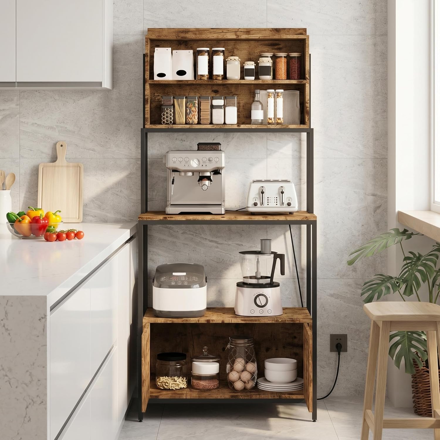 GarveeHome 6-Tier Kitchen Bakers Rack with Power Outlets, Microwave Stand Coffee Bar Cabinet with Storage Shelves & Louvered Door for Home Office Living Room, Rustic Brown