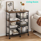 HapiRm Rolling Kitchen Carts with Storage - Microwave Table Stand with 6 Hooks & 3 Baskets, kitchen Island Cart on Lockable Wheels, 28.3" L × 14.6" W Bakers Rack Cart for Dining Room Coffee Bar Office