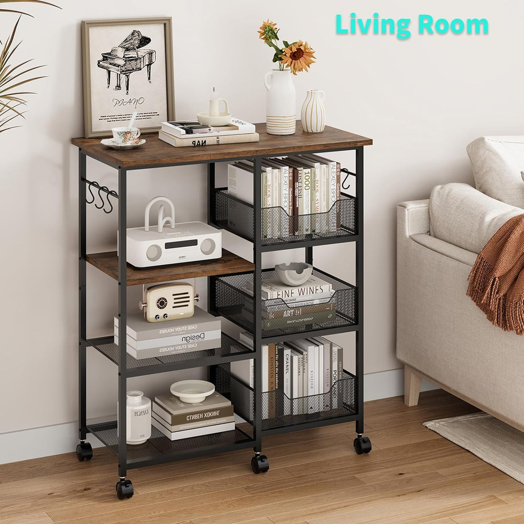 HapiRm Rolling Kitchen Carts with Storage - Microwave Table Stand with 6 Hooks & 3 Baskets, kitchen Island Cart on Lockable Wheels, 28.3" L × 14.6" W Bakers Rack Cart for Dining Room Coffee Bar Office