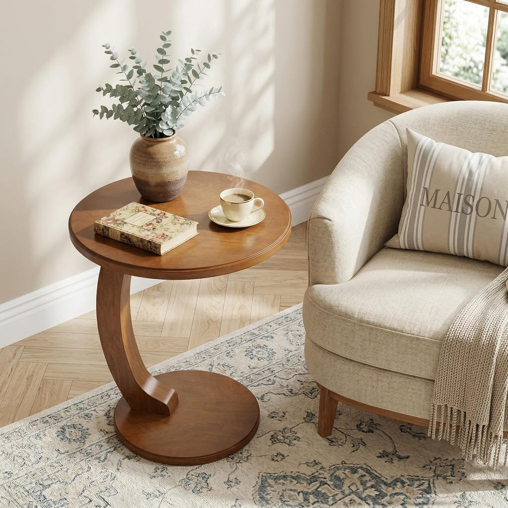 Tribesigns C Shaped End Table, Round Wood Side Table, Mid-Century Modern Style, Heavy Base, for Living Room, Bedroom, Small Space, Brown