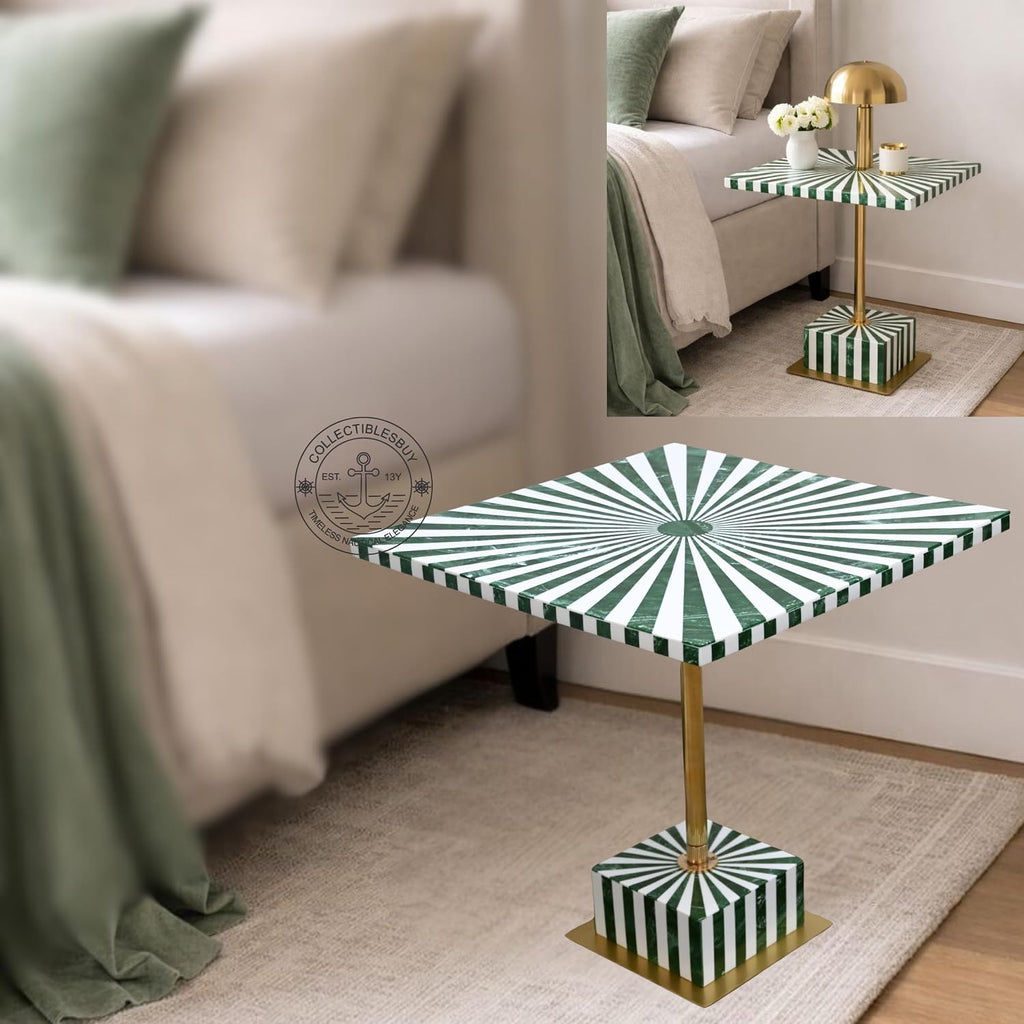 Handcrafted Green White Bone Inlay Side Table Sunburst Design Brass Pedestal Accent Table Modern End Table for Living Room Bedroom Home Decor