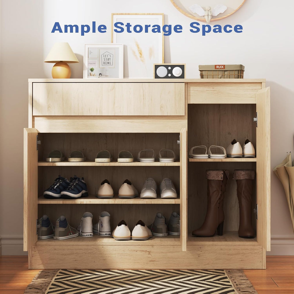 Housoul Shoe Cabinet Storage with 3 Doors, Freestanding Shoe Cabinet with Drawer & Adjustable Shelves, Wooden Shoe Organizer for Entryway, Hallway,Natural