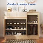 Housoul Shoe Cabinet Storage with 3 Doors, Freestanding Shoe Cabinet with Drawer & Adjustable Shelves, Wooden Shoe Organizer for Entryway, Hallway,Natural