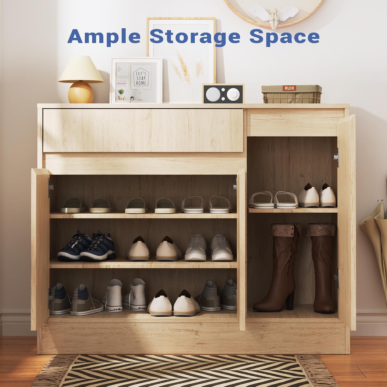Housoul Shoe Cabinet Storage with 3 Doors, Freestanding Shoe Cabinet with Drawer & Adjustable Shelves, Wooden Shoe Organizer for Entryway, Hallway,Natural