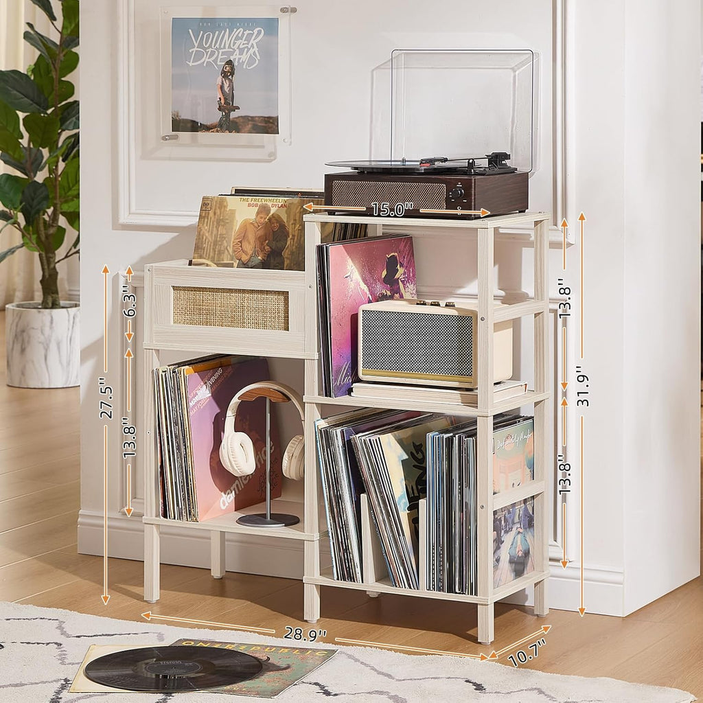 LELELINKY Record Player Stand, White Cream Oak Wood Record Holder with Vinyl Storage Holds up to 300+ Albums, 3-Tier Rattan Media Table with Vinyl Display Shelf, Record Storage Cabinet for Living Room
