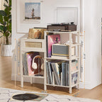 LELELINKY Record Player Stand, White Cream Oak Wood Record Holder with Vinyl Storage Holds up to 300+ Albums, 3-Tier Rattan Media Table with Vinyl Display Shelf, Record Storage Cabinet for Living Room