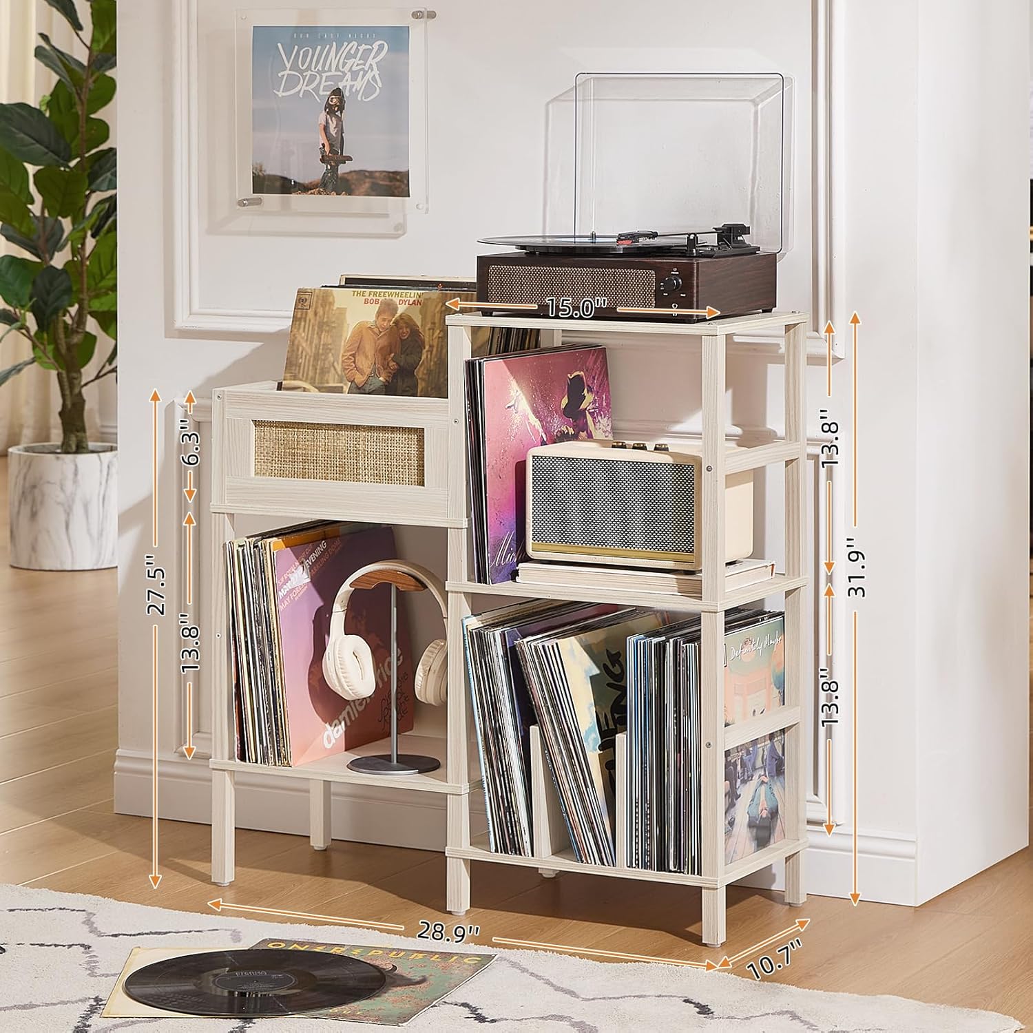 LELELINKY Record Player Stand, White Cream Oak Wood Record Holder with Vinyl Storage Holds up to 300+ Albums, 3-Tier Rattan Media Table with Vinyl Display Shelf, Record Storage Cabinet for Living Room