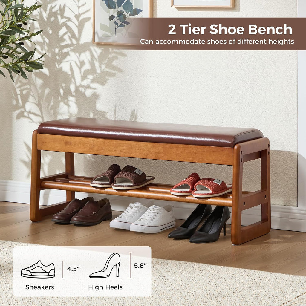 39.3" Shoe Rack Bench,2 Tiers Shoe Bench with Storage,Walnut Storage Bench with Faux Leather Cushion for Entrance Entryway Hallway Walnut PU Browm