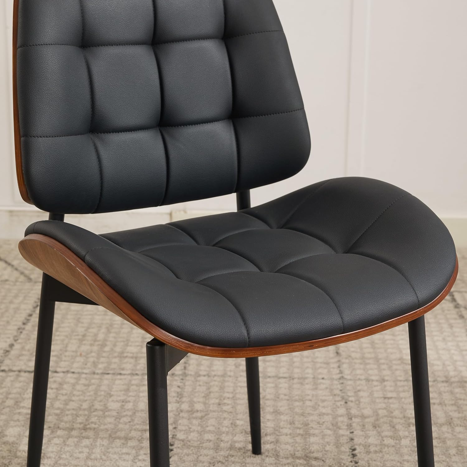 Upholstered Dining Chairs Set of 6, Mid Century Modern Faux Leather Dining Chairs with Walnut Bentwood Back and Metal Legs for Dining Room, Restaurant, Café, Black