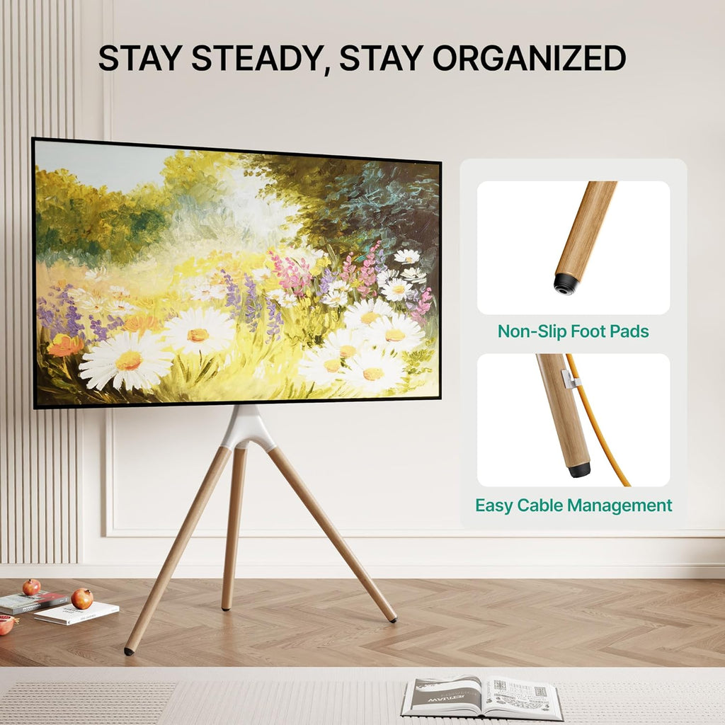 Artistic Easel TV Stand for 43-65 Inch TVs, 180° Swivel Tripod TV Stand up to 88 lbs, Floor TV Mount with Cable Management for Bedroom, Living Room and Corner, Max VESA 600x400mm, White