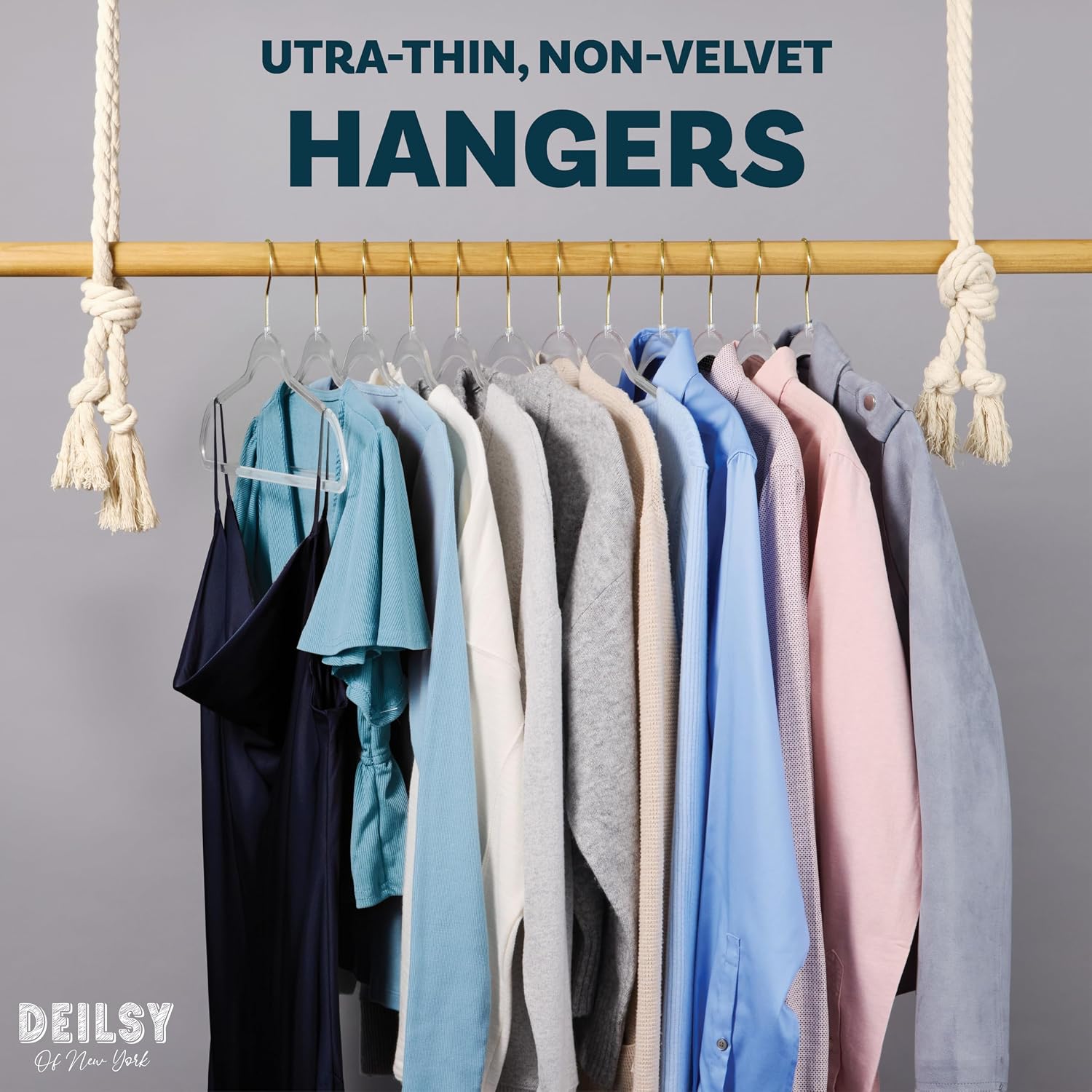 DEILSY™ Clear Hangers 50 Pack with Gold Hook - Non Velvet Slim Hangers - Durable Hanger Space Saver for Closet Organization, Shirts, Dresses, Jackets, Pants, Adult Clothes Storage Solution