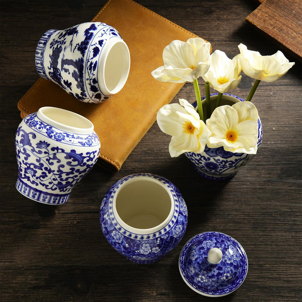 Hushee 4 Pcs Small Blue and White Vases Chinoiserie Vase Ginger Jar Porcelain Ginger Jar Chinoiserie Decor Blue and White Decor for Home Bedroom Table Centerpieces Tabletop Accent Shelf (Retro)