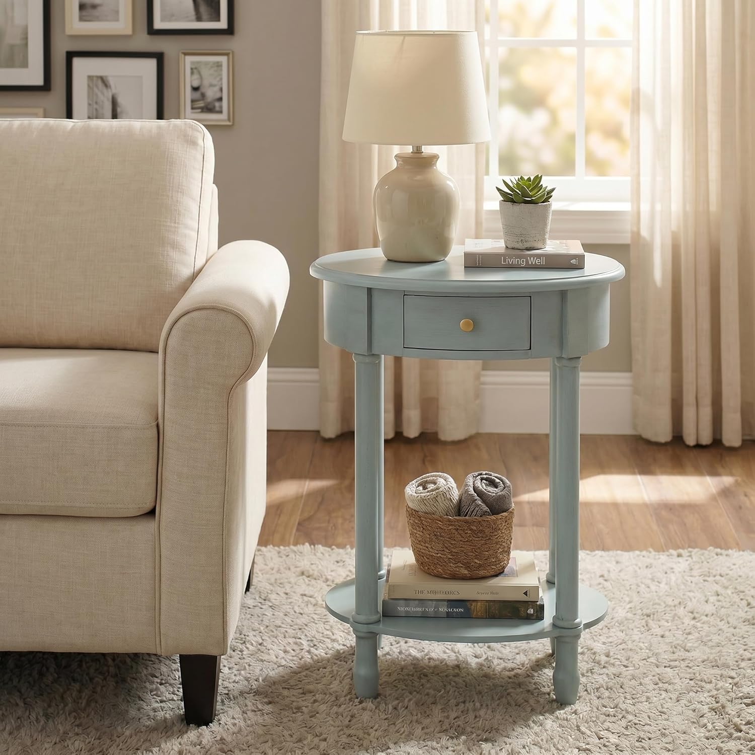 COZAYH French Country Oval End Table with 1 Small Drawer, Farmhouse Wood End Table with Additional Storage Shelf, Elegant Bedside Table for Small Spaces,Living Room,Bedroom, Light Green