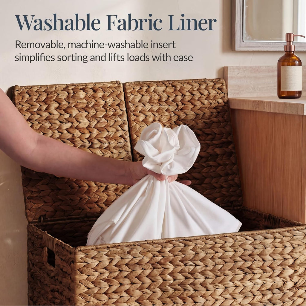 Best Choice Products Wicker Storage Basket W/ 2 Separate Lids, Rattan Woven 17.2 Gallon (65L) Basket, Foldable, Removable Washable Liner Bags for Toys, Linens, Blankets, & Laundry - Chestnut