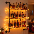 32" Wine Rack Wall Mounted with LED Lights, 3-Tiers Wall Bar Shelves | Solid Wood, Rustic Industrial Pipe Floating Shelves for Home, Restaurant, Commercial Bar, Kitchen Storage Display