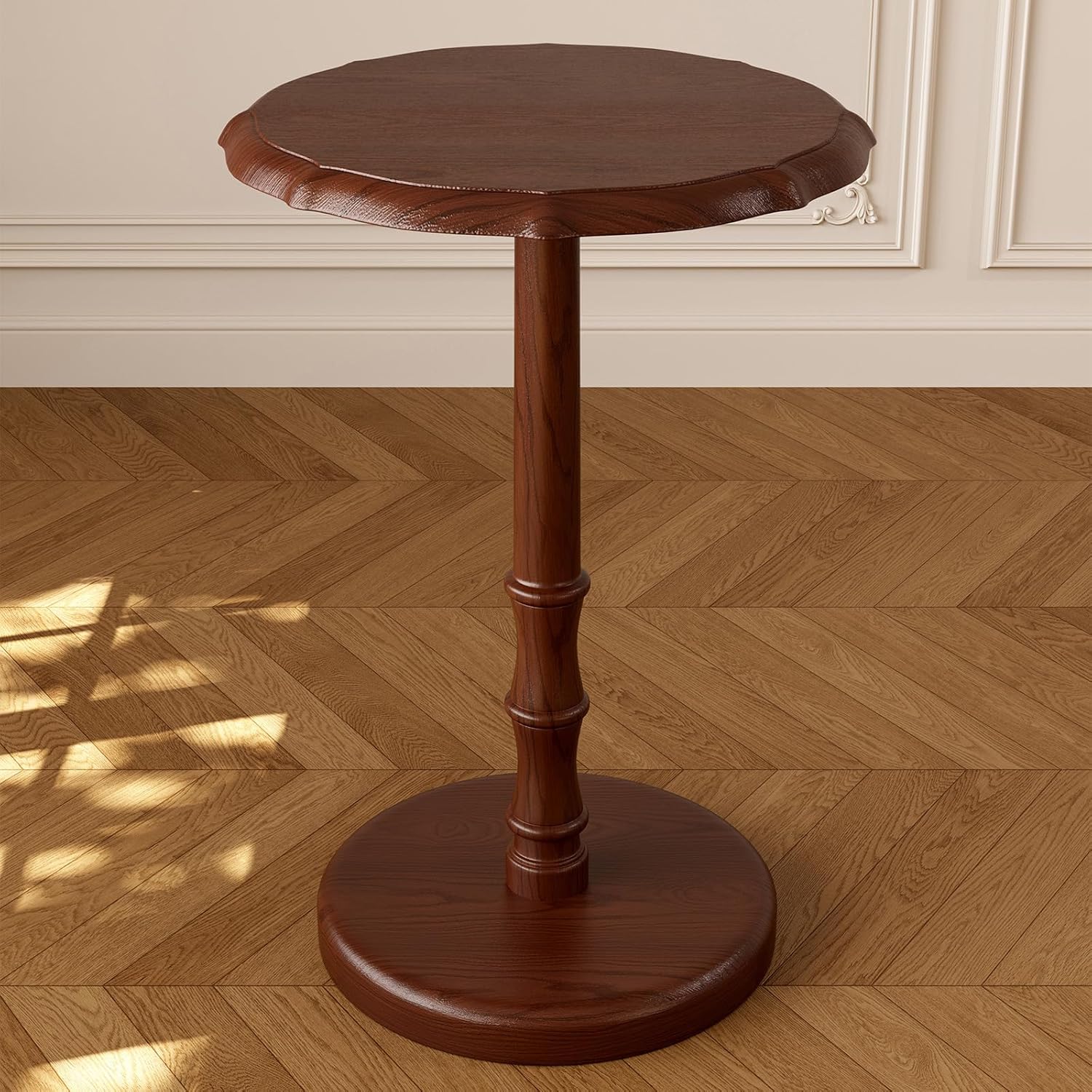 100% Solid Wood Round Pedestal Side Table, Vintage End Table for Living Room Bedroom, Heavy-Duty Antique Accent Table for Corner Spaces, Small Bedside Nightstand, 5-Min Assembly, Walnut