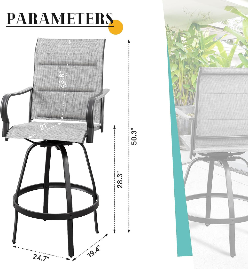 Vongrasig 4 Piece Outdoor Patio Swivel Bar Chairs, All Weather Padded Sling Textile High Top Bar Stools, Bistro Set for Backyard, Lawn Garden, Balcony, Padded Light Gery